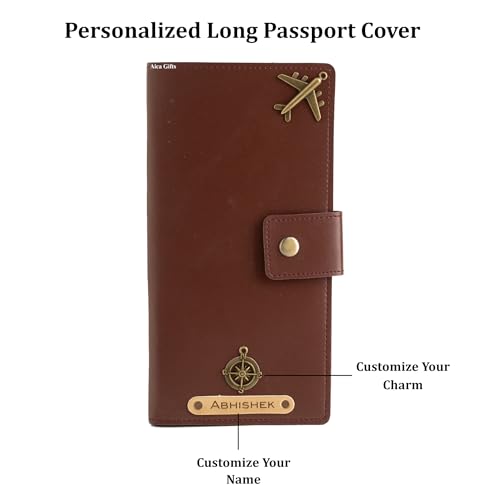 Image of AICA Personalized Name & Charm Long Leather Wallet Passport Cover with (Dark Brown) Passport Boarding Pass Currency Card Slot & Coin Holder for Men & Women | Corporate Office Gift Employee Colleagues