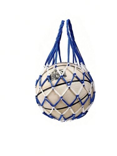 1 bolsa portátil de armazenamento de bola esportiva para pendurar, bolsa de rede para basquete, suporte de malha para vôlei e futebol, acessório multifuncional de nylon (azul e branco)