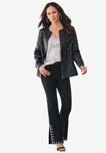 Roaman's Women's Plus Size Plus Size Invisible Stretch Rhinestone-Detail Split Flare-Leg Jean4