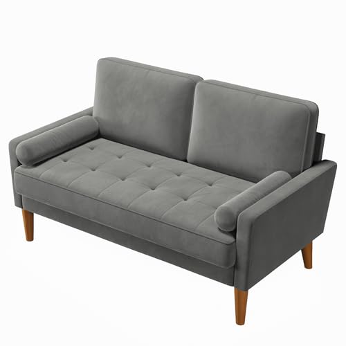 Vesgantti Couch 2 Sitzer, Samt Kleines Sofa mit 2 Wurfkissen, Modern Mini Sofa, Getuftetes Kleine Couch für Wohnzimmer/Schlafzimmer/Büro/Wohnung, 121x 77 x 87cm, Grau