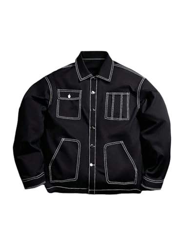 Men's Trendy Workwear Jacket With Buttoned Collar, Multi-Pocket Design, Casual Outdoor Streetwear