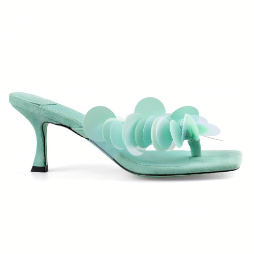 Goolita Women's Suede Sequin Kitten Heels Flip Flops Open Square Toe Strappy Thong Slide Heeled Sandals Comfort Prom Party Mules Heels3