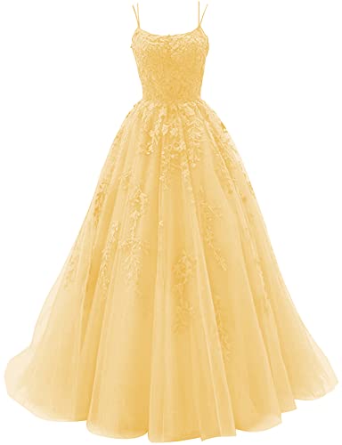 petyoo Tulle Prom Dresses Long Ball Gown Lace Appliques A-Line Formal Evening Dress