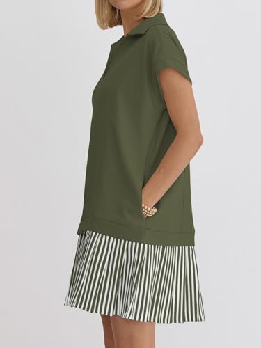 Image of Women's V Neck Short Sleeve Summer Dress Cap Sleeve Casual Loose Fit Pleated Striped Shirt Dress