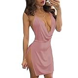 VANCOL Women's Sexy Deep V-Neck Halter Backless Mini Party Club Dress (L, Flesh Pink)