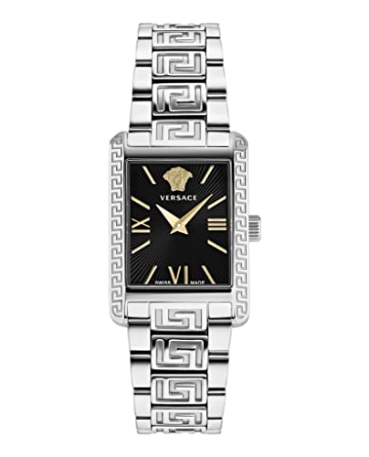 Versace Tonneau Collection Luxury Womens Watch Timepieces with a Silver Bracelet Featuring a Stainless Steel Case and a Black Dial