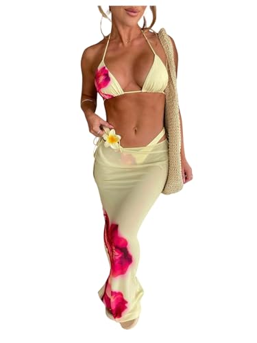 Verdusa Women's 3 Piece Boho Floral Print Bikini Set Halter Triangle High Cut Swimsuit with Cover Up