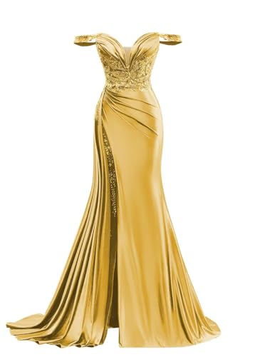 Image of Homdor Off Shoulder Satin Prom Dresses Long 2026 Beaded Formal Dresses Pleated Evening Party Gown with Slit Tail