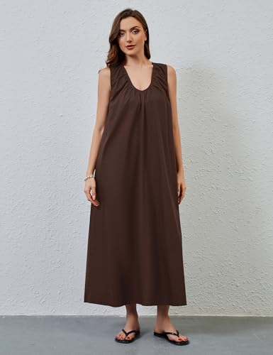 MISSACTIVER Women's Sleeveless Maxi Dress Scoop Neck Ruched Long Dress with Side Pockets Wide Shoulder Elegant Blouse Dresses2