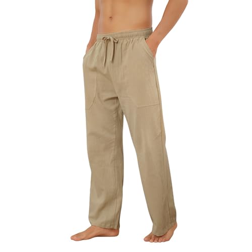 Puimentiua Cotton Linen Pants Men Casual Loose Fit Elastic Drawstring Waist Summer Beach Pants3