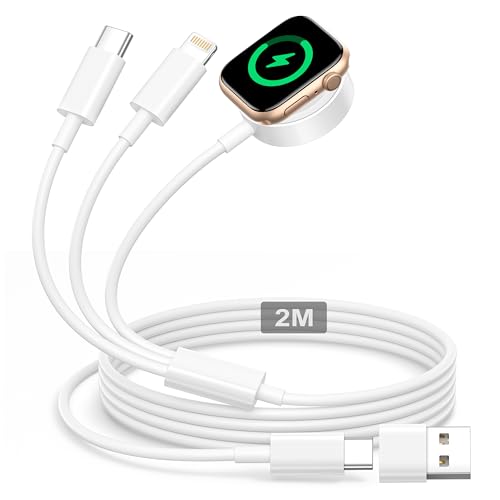 3 in 2 Ladekabel für Apple Watch,2M iWatch Ladegerät AppleWatch Ladegerät USB C Magnetisches Schnellladekabel für Apple Watch Series 9/8/7/6/5/4/3/SE/Ultra, iPhone 17/16/15/14/13/12/11/Pro/X