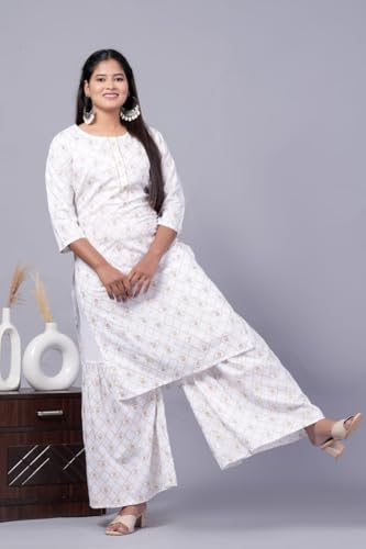 Image of MANGLA Kurti Women's Rayon Gold Printed Black Regular Fit Kurta Set with Ethnic Palazzo Pants