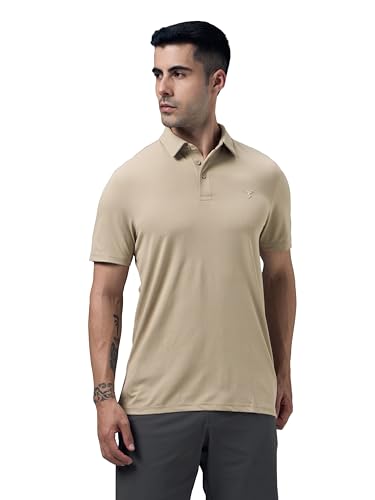 Image of TECHNOSPORT Men's Solid Slim Fit Polo Collar T-Shirt COTFLEX Half Sleeve Button Polyester for Gym Running Workout UPF50+ Anti Odour
