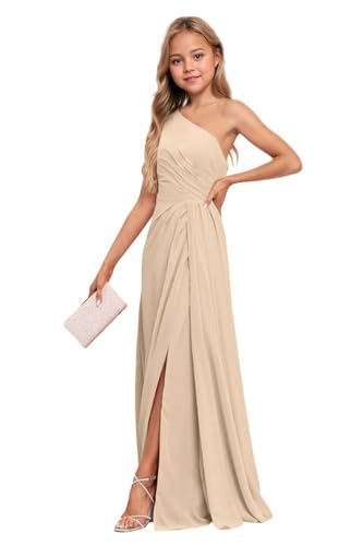Champagne Junior Bridesmaid Dresses One Shoulder Chiffon Flower Girl Dress for Wedding Long Party Pageant Gowns Size 12