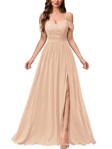 Miusol Women's Off Shoulder Elegant Sequined Split Spaghetti Straps Wedding