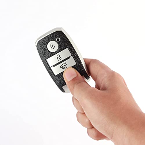 Image of JVCV Premium Soft TPU Leather Pattern Key Cover Compatible with Kia Seltos Sonet Carens 3 Button Push Start Car Key (Silver Black)