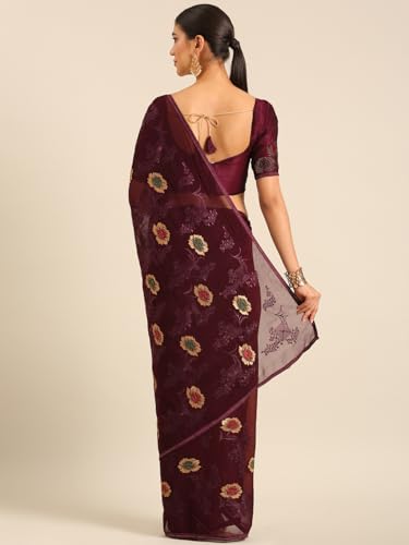 Image of Panzora Women's Chiffon Embroiderd Saree With Blouse Piece