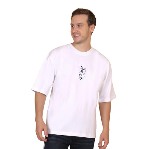 Image of Demon Slayer Tanjiro Oversized Off White Tshirt for Men and Women Anime Graphic Print Drop Shoulder Unisex Pure Cotton Baggy Loose Fit T-Shirts