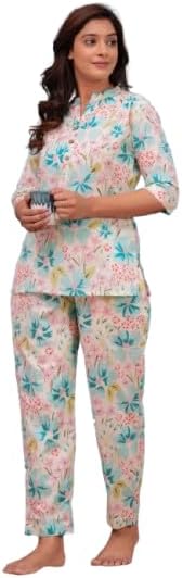 Women's Cotton Printed Co-Ord Set, Traditional Kurta with Pant Set, Floral Pattern Loungewear, 3/4 Sleeve Casual Wear