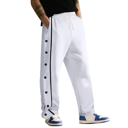Side Button Pants for Men Elastic Waist Drawstring High Split Sweatpants Post-Surgery Tear Away Pants(White,Large)