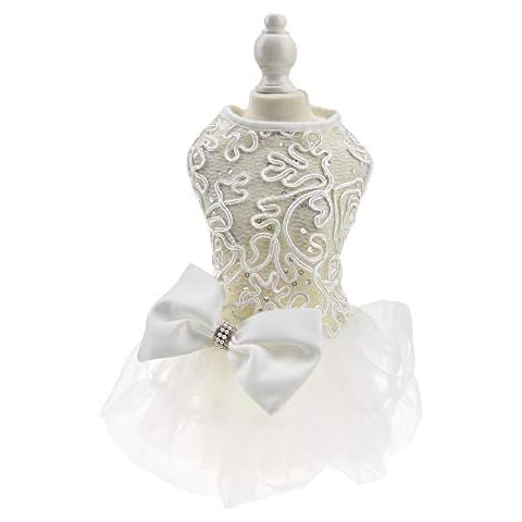 Hollow Dog Wedding Dress Tutu Skirt Luxury Lace Pearl Bow Christmas Dress Costume for Small Dog Pet Apparel (M, White) Cover