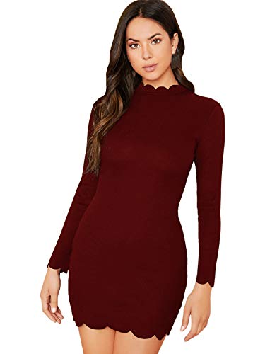 Floerns Women s Knit Bodycon Long Sleeve Scallop Mini Pencil Dress Burgundy XS