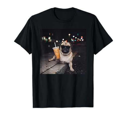 Funny Pug Dog Drinking Iced Coffee - Pug Dog Meme Mom Dad T-Shirt