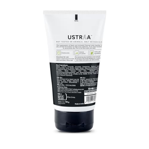 Ustraa Face Wash Acne Control - With Neem & Charcoal Face Wash - 3.5 Oz - Oil control, Prevents Acne, Especially for Oily skin, No Sulphate No Paraben