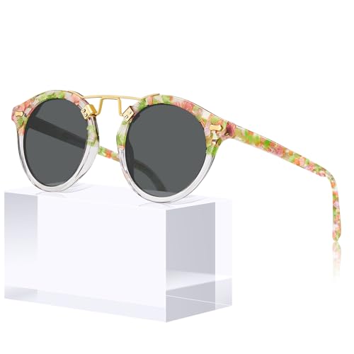 Image of CARFIA Small Face Acetate Polarized Sunglasses for Women UV Protection, Retro Double Bridge Eyewears Metal Brow Round Sunnies