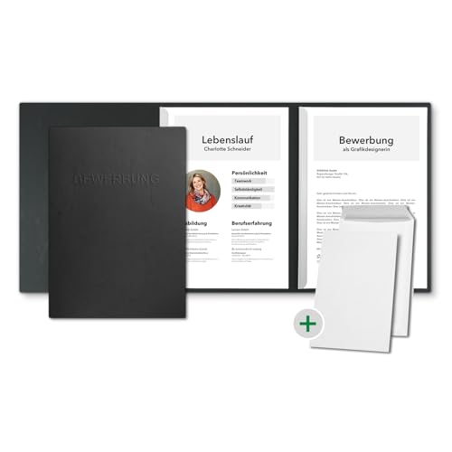 5 Stück 3-teilige Bewerbungsmappen Schwarz in feinster Lederstruktur - inkl. 5 Versandumschläge in Weiß - mit 2 Klemmschienen und hochwertiger Prägung ''BEWERBUNG'' - direkt vom Hersteller STRATAG