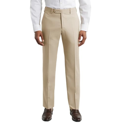 Mens Classic Fit Flat Front Hidden Expandable Waist Dress Pants No Iron Suit Pants(Sand,42W30L)