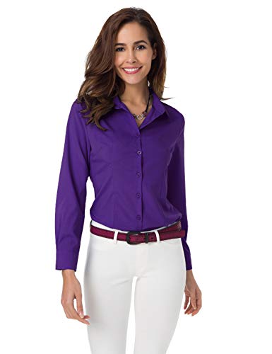 Atnlewhi Femme Chemisier Manches Longues Simple S'étirer Casual Bouton vers Le Bas Formel Blouse - Violet foncé - S Cover