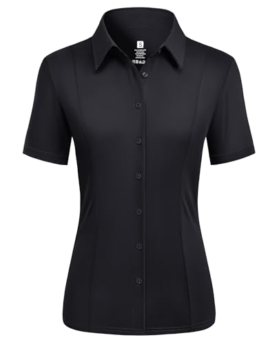 Gleeivy Black Button Up Shirt Women Short Sleeve Stretch Dress Shirts Wrinkle Free Collared Top Business Fitted Office Work Blouse Black L