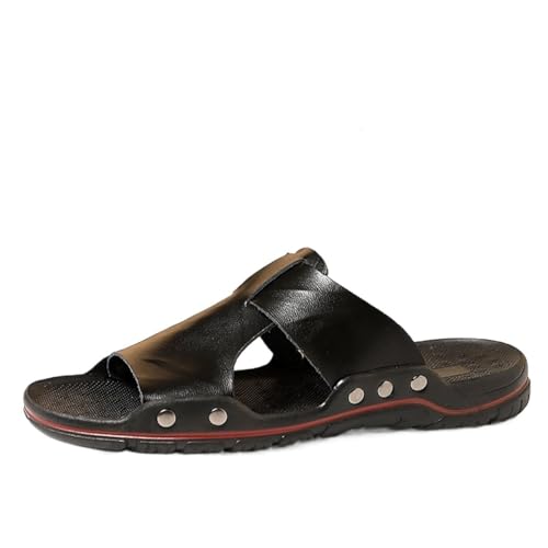 Men's Open Toe Beach Slides Leather Sandals Indoor Outdoor Casual Slippers for Summer Slip On