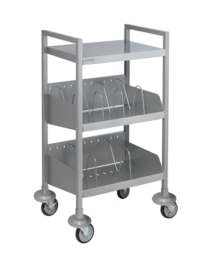 Carstens FlexFit Open Chart Rack for Medial Charts, Ring Binders, Books – L26.25 x W19.75 x H41.75 In. 130 Lb. Load Capacity – Rolling Book Cart with 2 Angle Shelves – Lockable Wheels, Bumpers, Silver