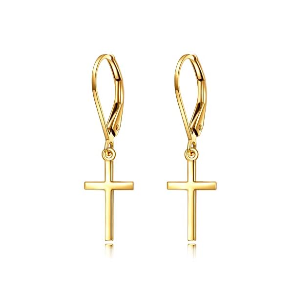 KECHO 14k Solid Gold Cross Earrings for Women Heart Leverback Dangle Drop Earrings Jewelry Birthday Gifts for Her