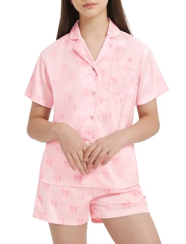 EXARUS 4 Piece Girls Satin Shorts Set Silky Short Sleeve Button with Pockets Summer Outfits for Kids 8-14Y3