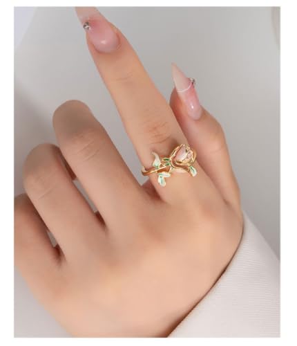 Kokoma Pink Rose Flower Ring for Women Enamel Elegant Floral Leaf Wrap Finger Band Wedding Rings Engagement Promise Ring Bands Fashion Jewelry4