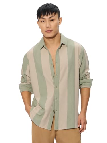 Image of The Souled Store Stripes: Sage Men and Boys Long Sleeves Collared Neck Button Front Regular Fit Cotton Blend Shirts