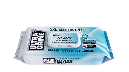 UltraGrime PRO Glass & Stainless Surface Wet Wipes XXL Cleaning Cloths for Mirrors Windows Kitchen Home Shower Glass Cleaner Streak Free (Pack of 50)