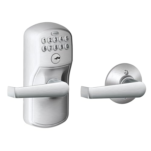 Schlage Plymouth Keypad Lock with Lever Handle, Electronic Keyless Door Entry, Auto‑Lock Enabled, Satin Chrome, FE575 PLY 626 ELA