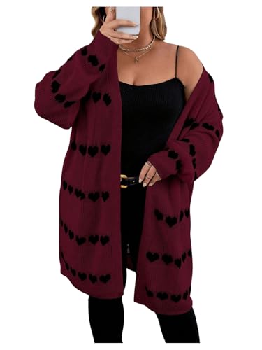 Image of MakeMeChic Women's Plus Size Long Cadigan Sweaters Casual Open Front Kint Lightweight Cadigan Heart Long Sleeve Outerwear