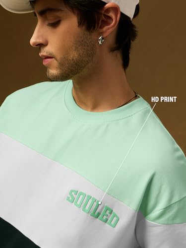 Image of The Souled Store Jasper Men and Boys Round Neck Green and White Colorblock Full Sleeve Oversized T-Shirts Oversized Men's T-Shirts Solid Tees Casual Fashion Relaxed Fit Full Sleeves Round Neck