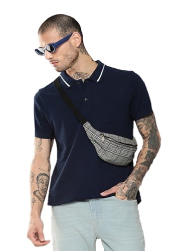 Image of LEOTUDE Men Solid Navy Polo T-Shirt Material Matty