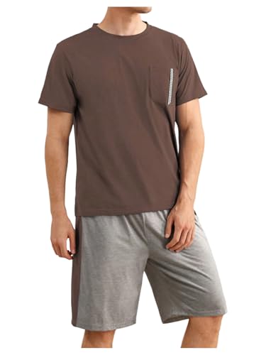 SweatyRocks Men's Pajamas Set Pocket Front Tee with Shorts 2 Piece Sleepwear Lounge Sets