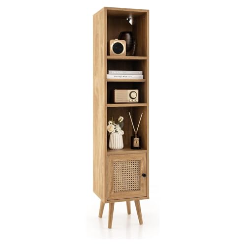 GOPLUS Armario de Almacenmaiento Estrecho, Gabinete Alto Multiusos con 4 Estantes, Compartimento Cerrado, Puerta de Ratán, Estante Ajustable, Mueble Columna de Baño de Suelo (Marrón)