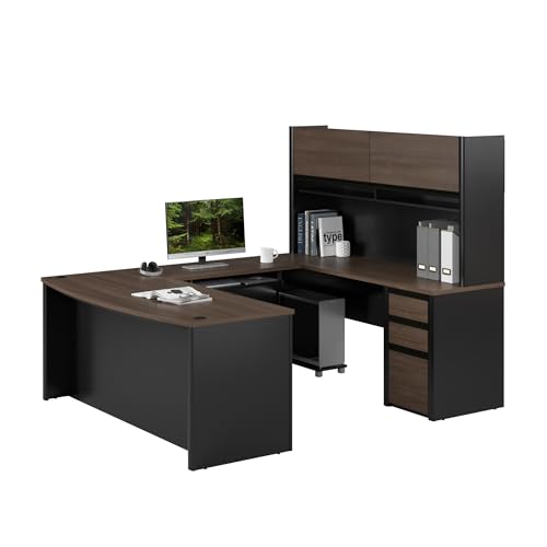 Bestar U Shaped Desk with Drawers, Hutch, and Keyboard Tray, Executive Workstation for Home or Professional Office, 72 Inches, Connexion Collection, Antigua and Black