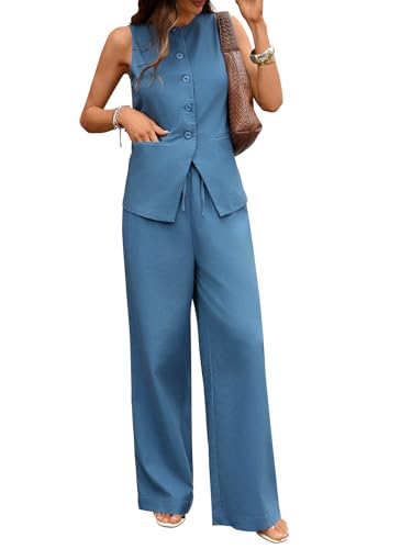 Women's 2 Piece Outfits Linen Vest Wide Leg Drawstring Pants Suits with Pockets