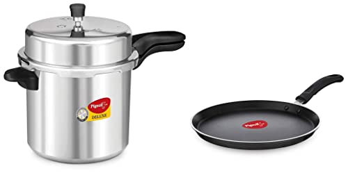 Image of Pigeon by Stovekraft Deluxe Aluminium Pressure Cooker, 10 Litres,Silver & Pigeon by Stovekraft Special Non-Stick Aluminium Flat Tawa, Black (27cm)
