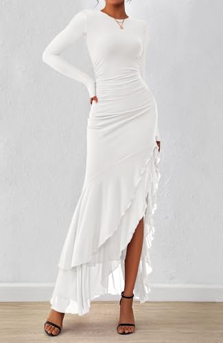 BTFBM Women's Maxi Dresses Fall 2025 Long Sleeve Ruched Bodycon Solid Ruffle Mermaid Cocktail Wedding Guest Dress